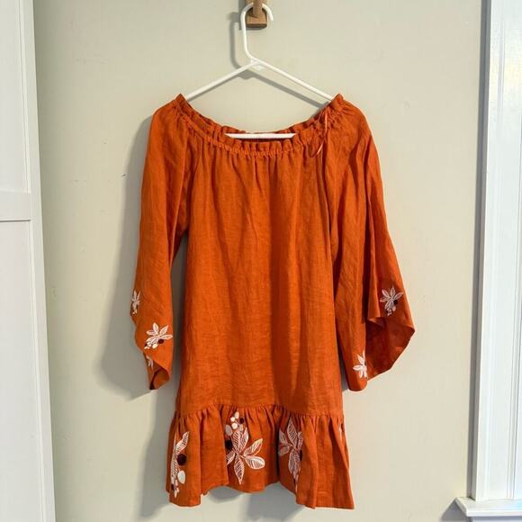 JUAN DE‎ DIOS Mexico Lindo Linen Mini Dress Embroidered SIZE XS Terracotta - Picture 4 of 12